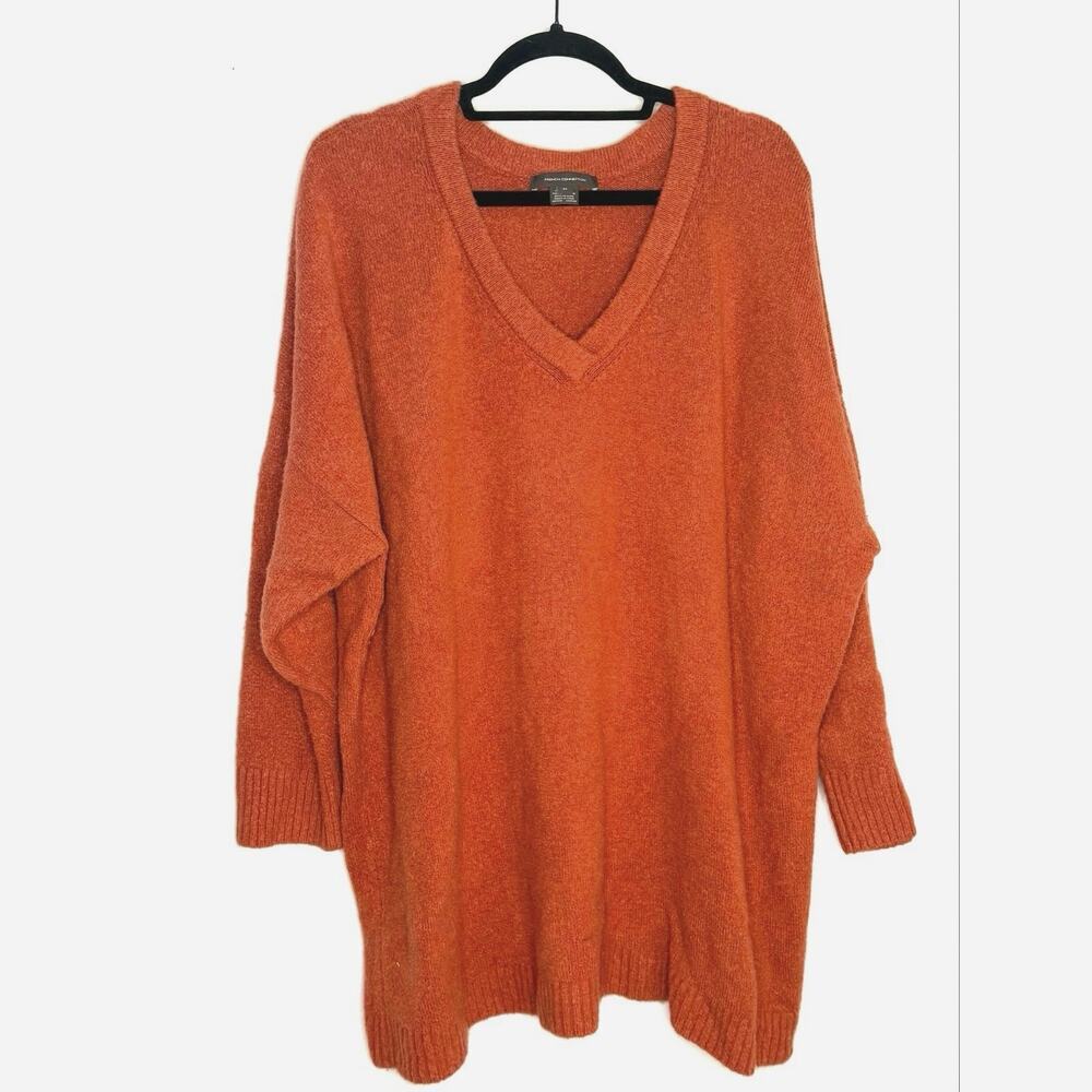 French Connection Orange Oversized V-Neck Fuzzy Sweater Size 2X Cozy Comfort